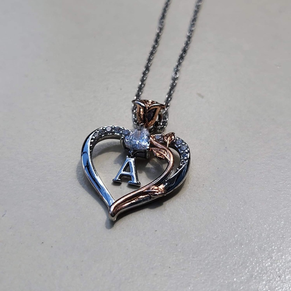 Silver Rose Gold Tone Initial A Heart Pendant Necklace Crystal Flower